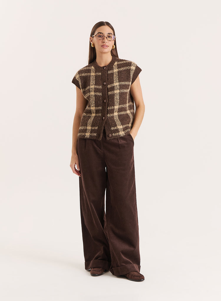 Multi Check Knitted Button Down Vest- Ashley
