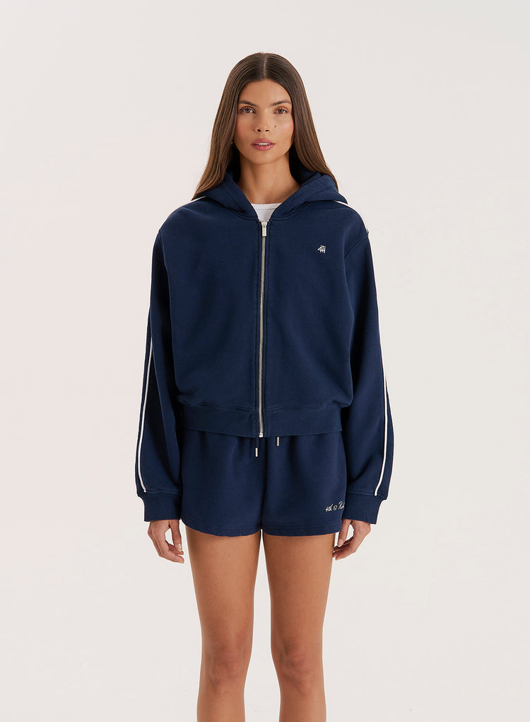 Navy Fourth Branded Cropped Zip Hoodie- Carey
