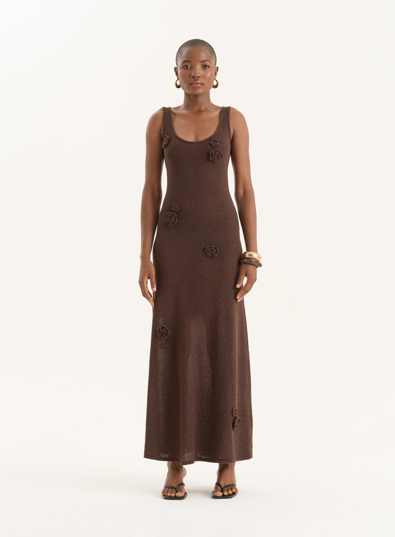Brown Crochet Flower Detail Knitted Maxi Dress- Gigi