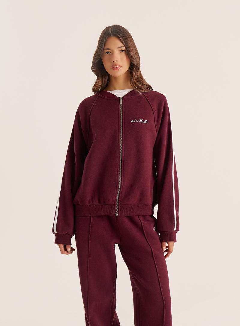 Burgundy Contrast Stripe Zip Bomber Jacket