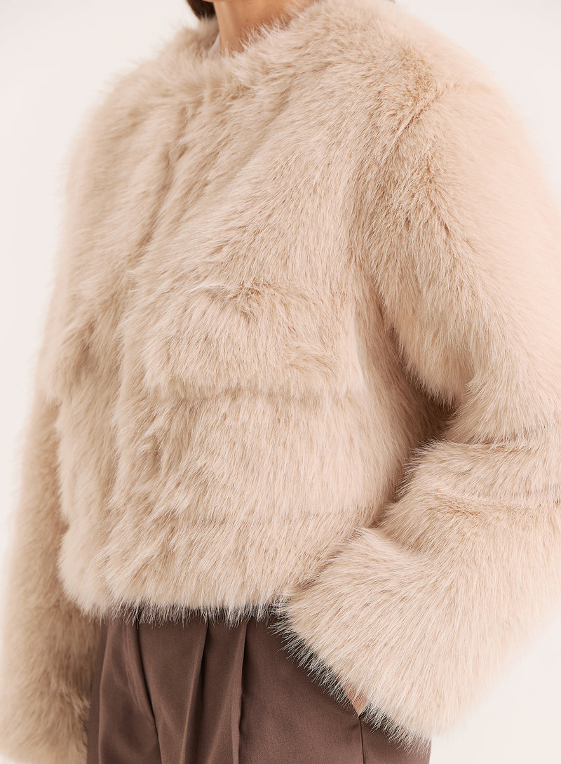 Beige Faux Fur Cropped Jacket- Reysha