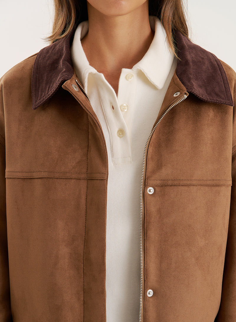 Brown Contrast Collar Faux Suede Barn Shacket