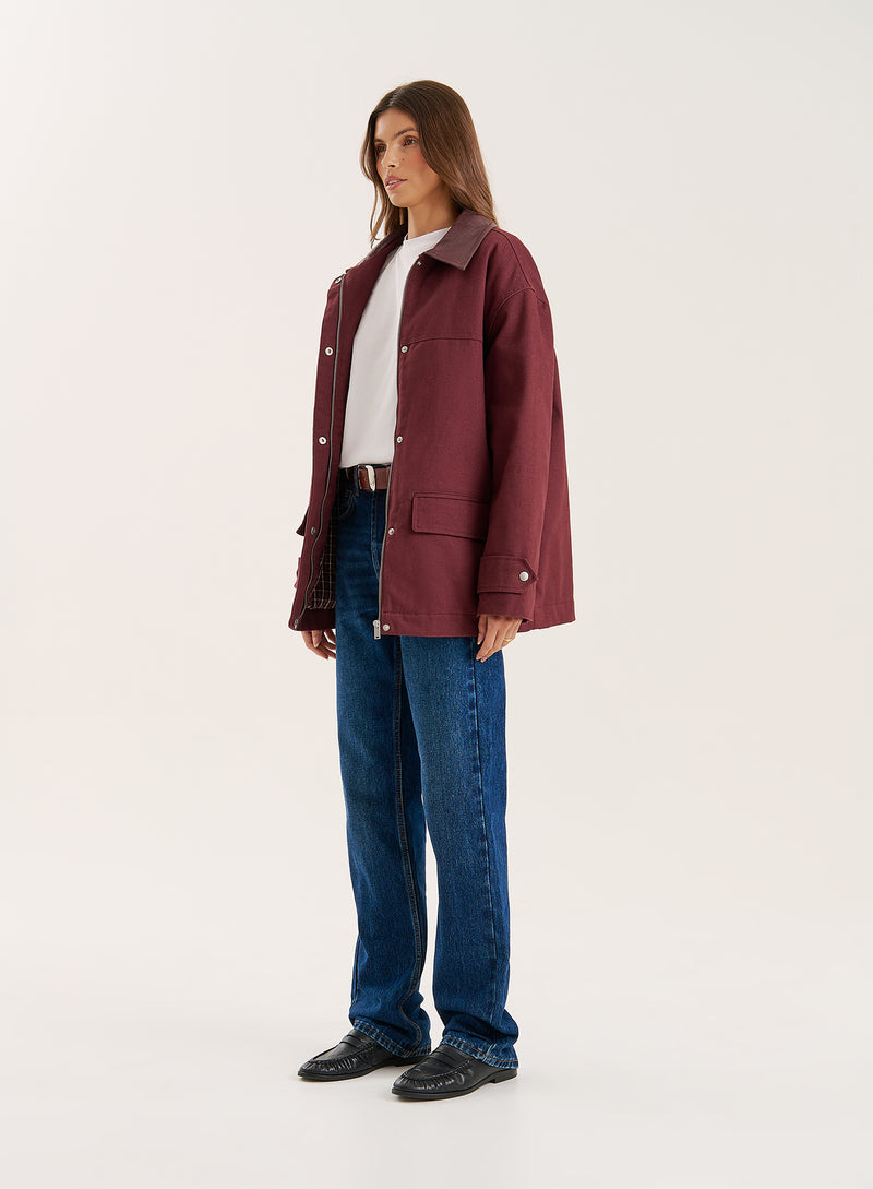 Burgundy Front Pocket Barn Shacket- Sutton