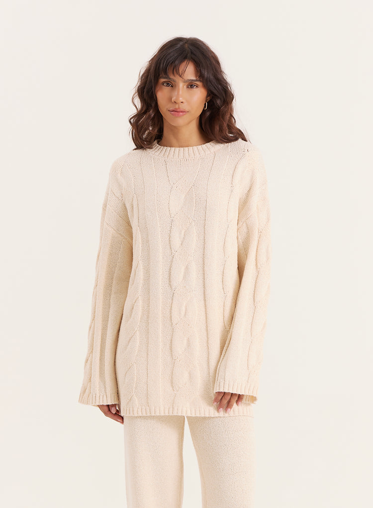 Ecru Fine Cable Knit Long Sleeve Top- Leonor