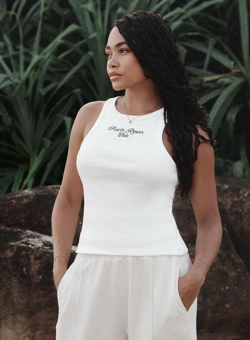 White Ribbed Embroidered Fourth Vest Top- Serena