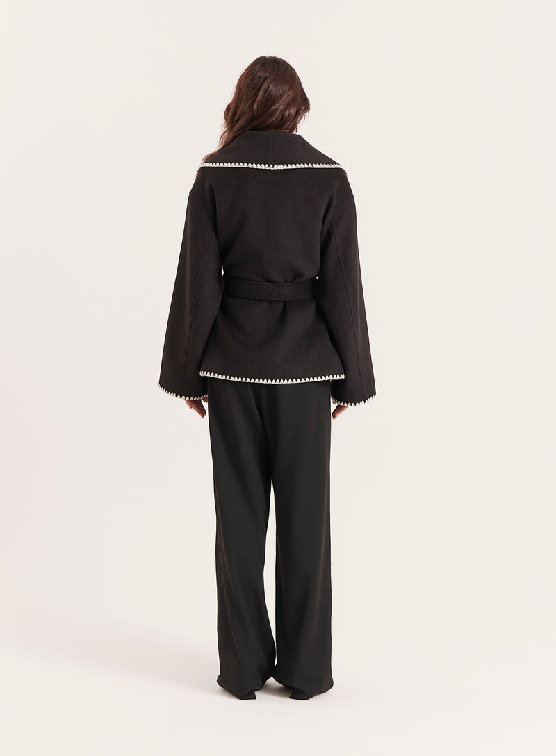 Black Contrast Stitch Belted Jacket