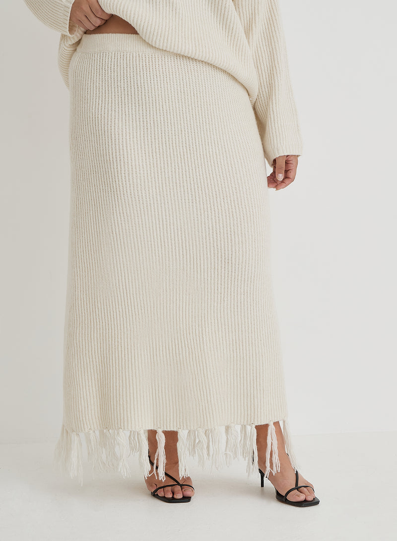 Cream Plus Size Knit Tassle Trim Maxi Skirt- Fallon