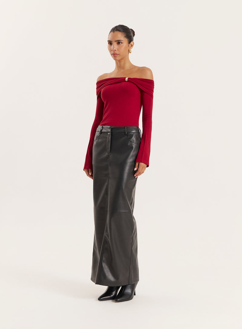 Red Gold Hardware Detail Knitted Long Sleeve Top- Virgo