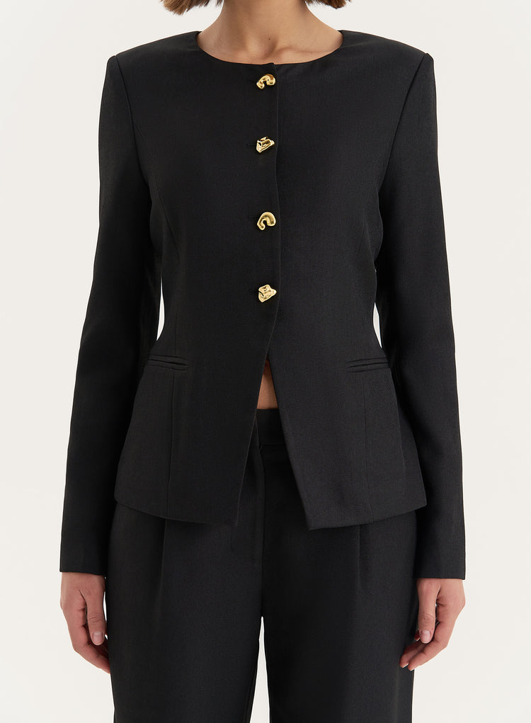 Black Tailored Gold Button Front Split Blazer- Polly