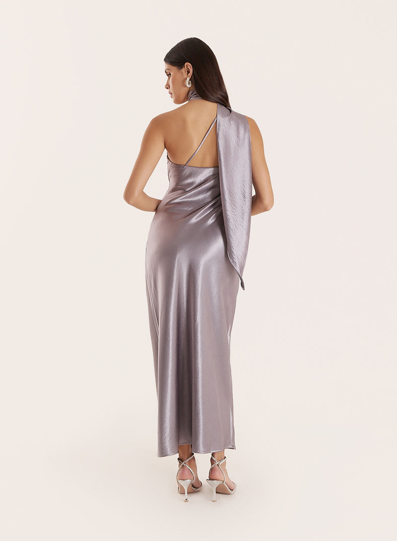 Silver Satin One Shoulder Scarf Neck Maxi Dress- Ellen