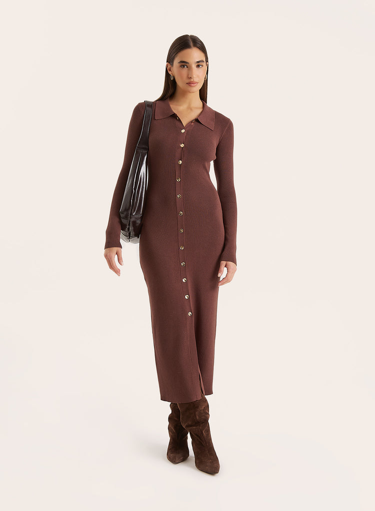 Chocolate Collared Button Down Knitted Dress