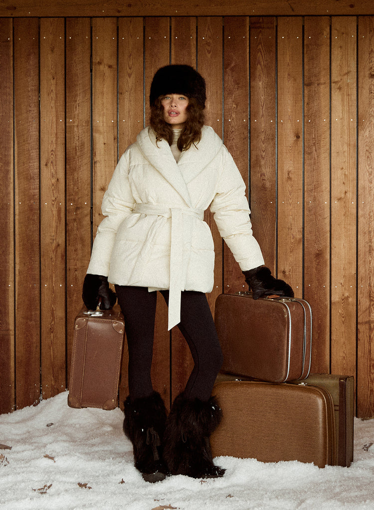 Cream Wrap Waist Belted Puffer Coat