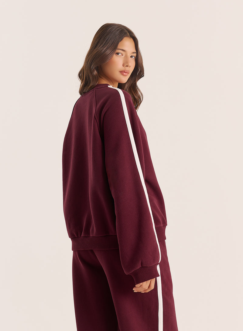 Burgundy Contrast Stripe Zip Bomber Jacket