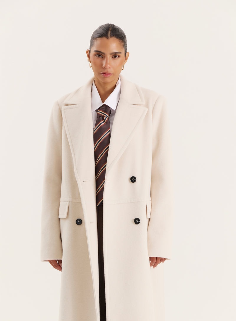 Cream Wool Double-Breasted Coat- Melia