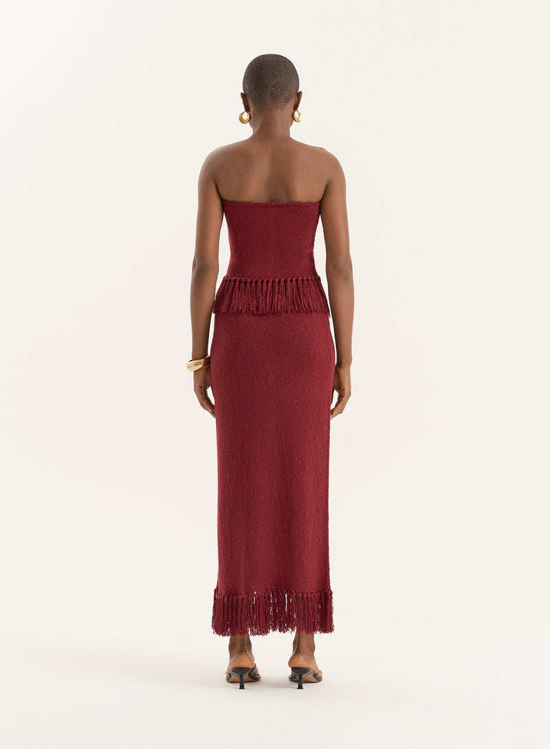 Burgundy Tassel Trim Knitted Maxi Skirt- Gabby