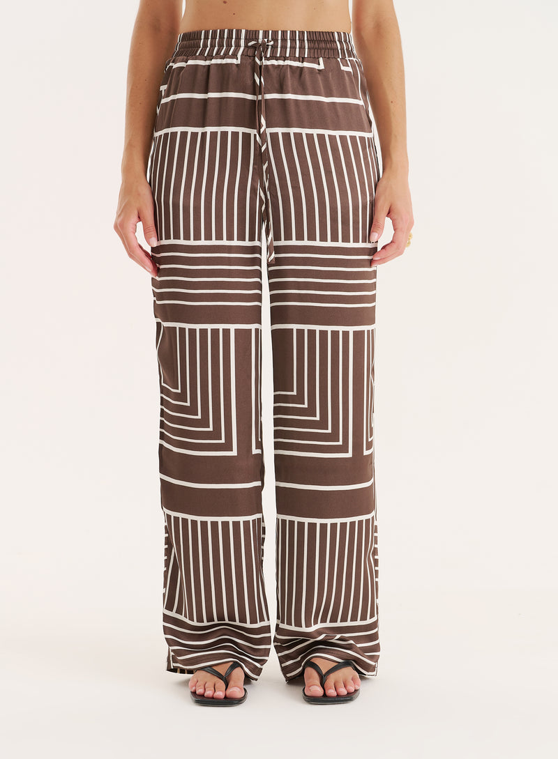 Chocolate Abstract Print Satin Trouser- Amira