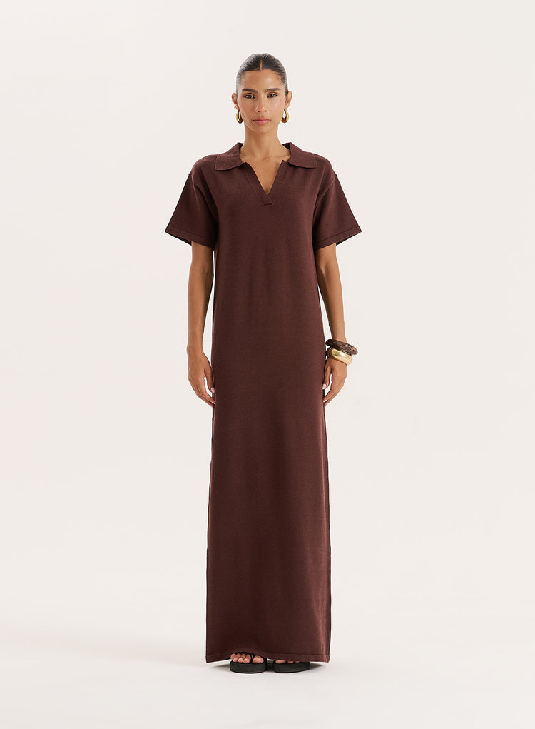 Chocolate Knitted Rugby Maxi Dress- Esme