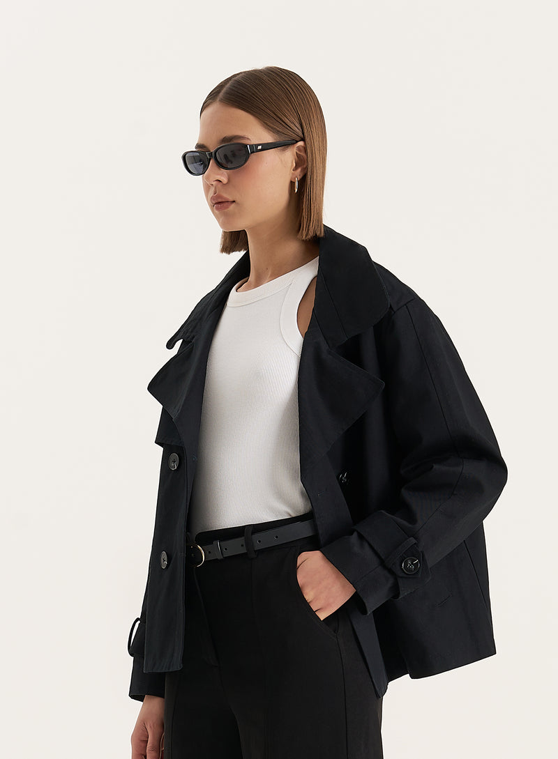 Black Cropped Trench Coat- Harlia