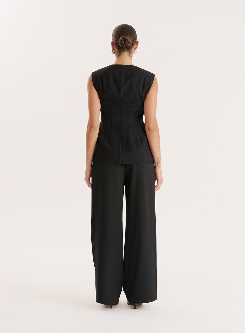Black Cinched Waist Tailored Waistcoat