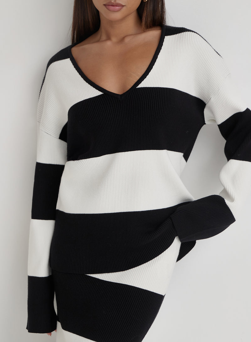 Black And Cream Stripe Knitted Jumper- Jacqueline