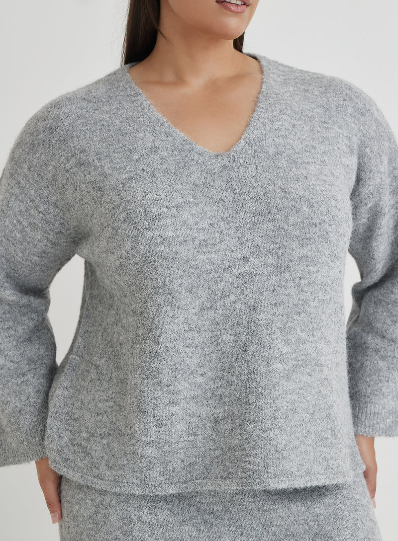 Grey Plus Size V Neck Knitted Jumper- Cadence