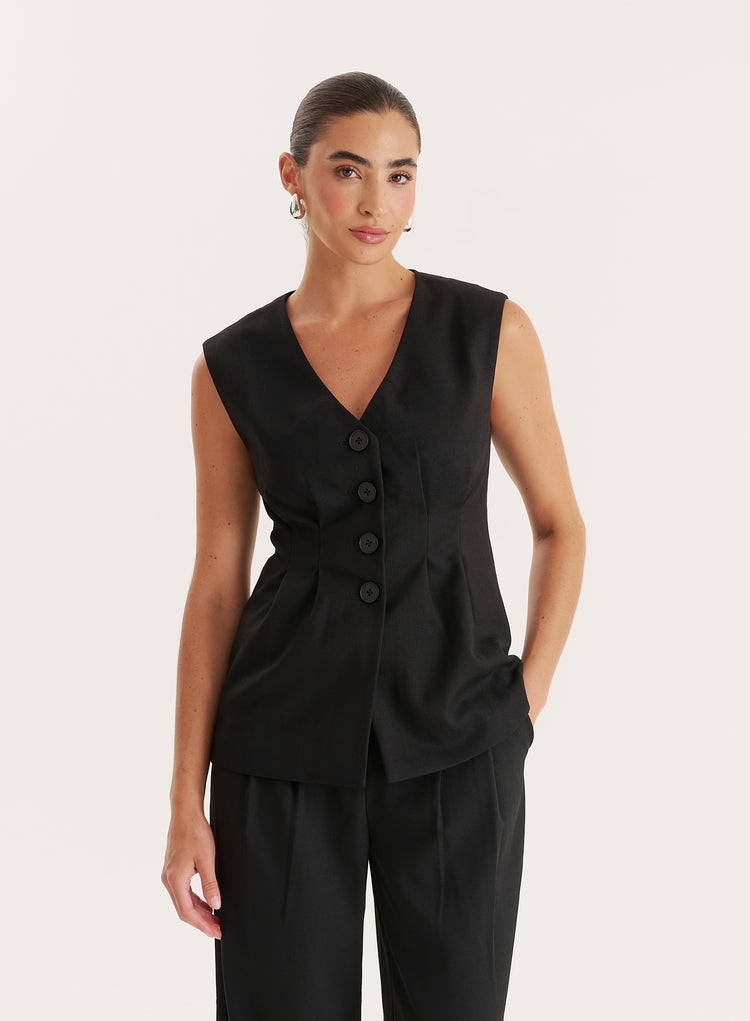 Black Cinched Waist Tailored Waistcoat- Nora