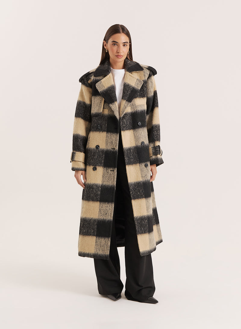 Black And Beige Wide-Checked Belted Trench Coat- Carey