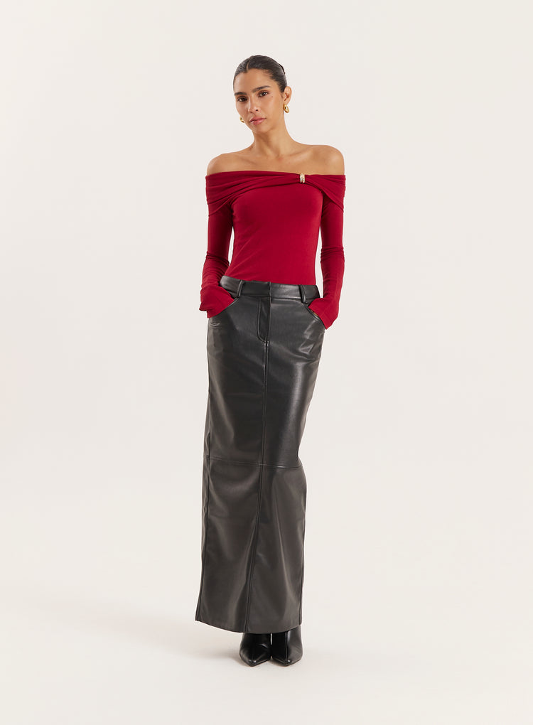 Red Gold Hardware Detail Knitted Long Sleeve Top