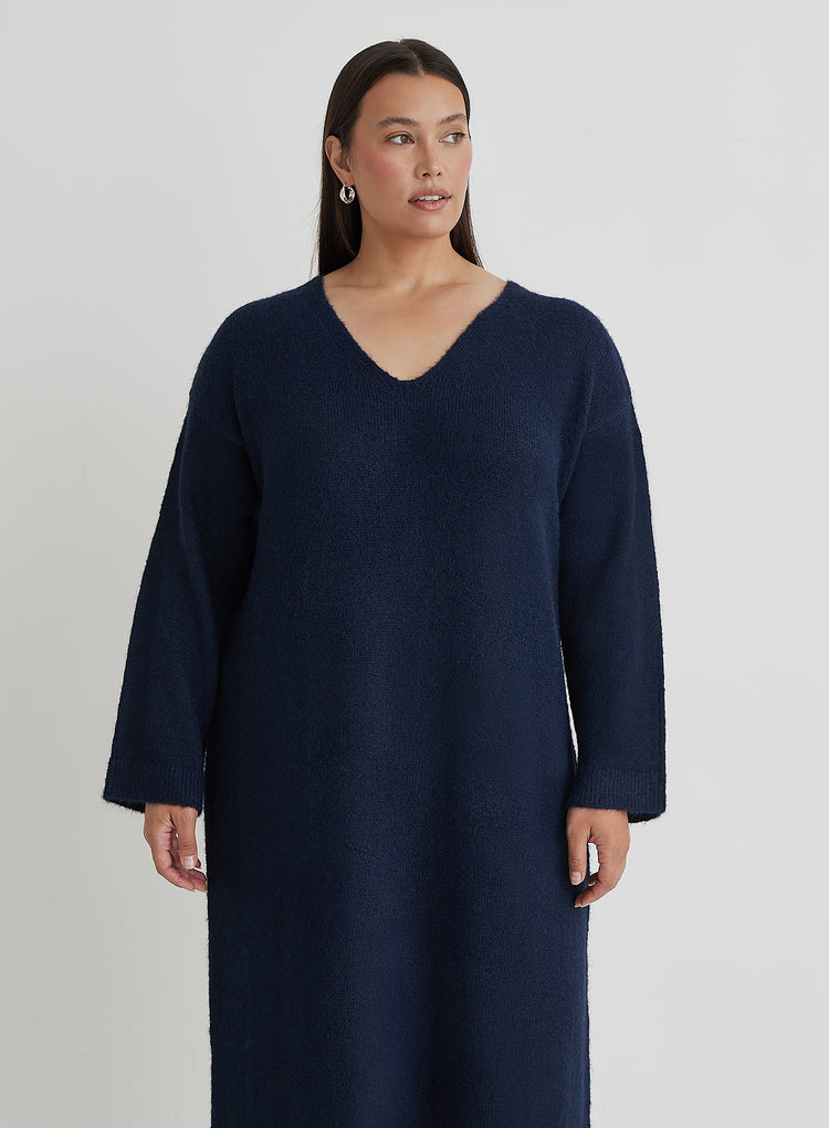 Navy Plus Size V Neck Knitted Maxi Dress- Dahlia