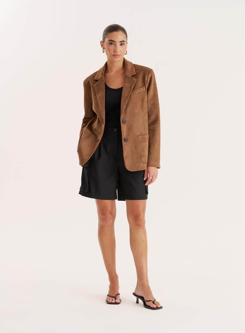 Brown Faux Suede Blazer-Ember