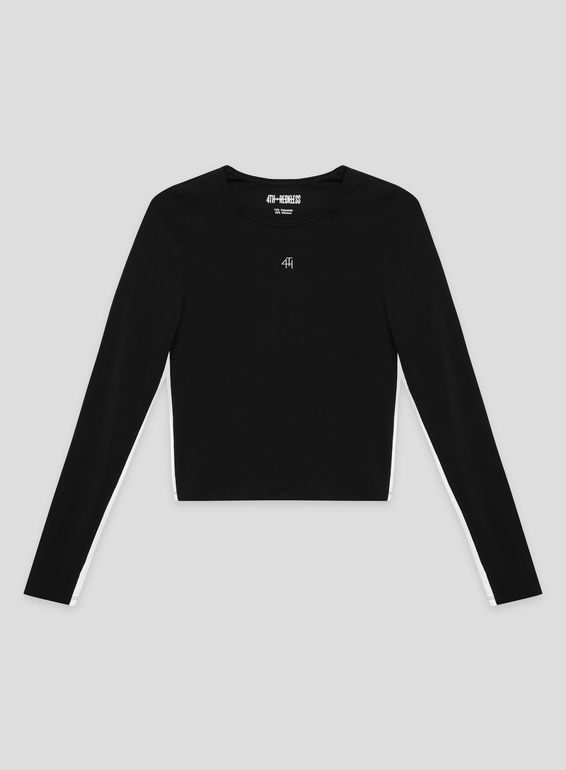 Black 4th Branded Contrast Piping Long Sleeve Top- Indra