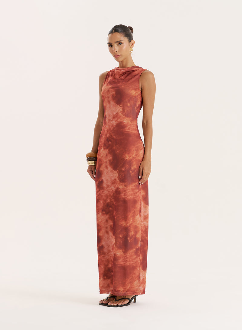 Rust Print High Neck Sleeveless Maxi Dress- Becka