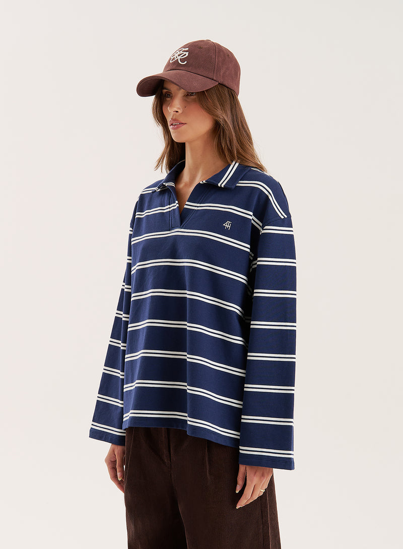 Navy And White Thin Striped Rugby Top- Hailey