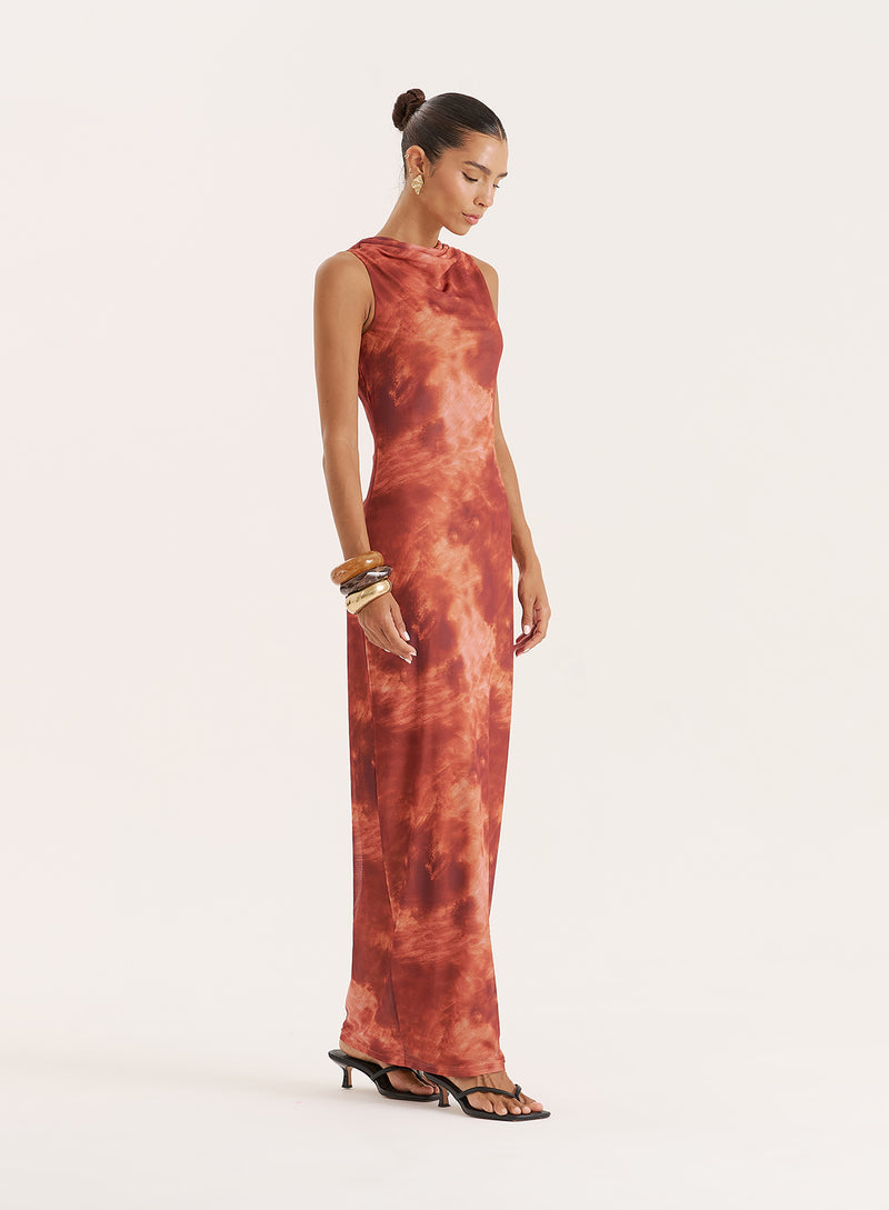 Rust Print High Neck Sleeveless Maxi Dress- Becka