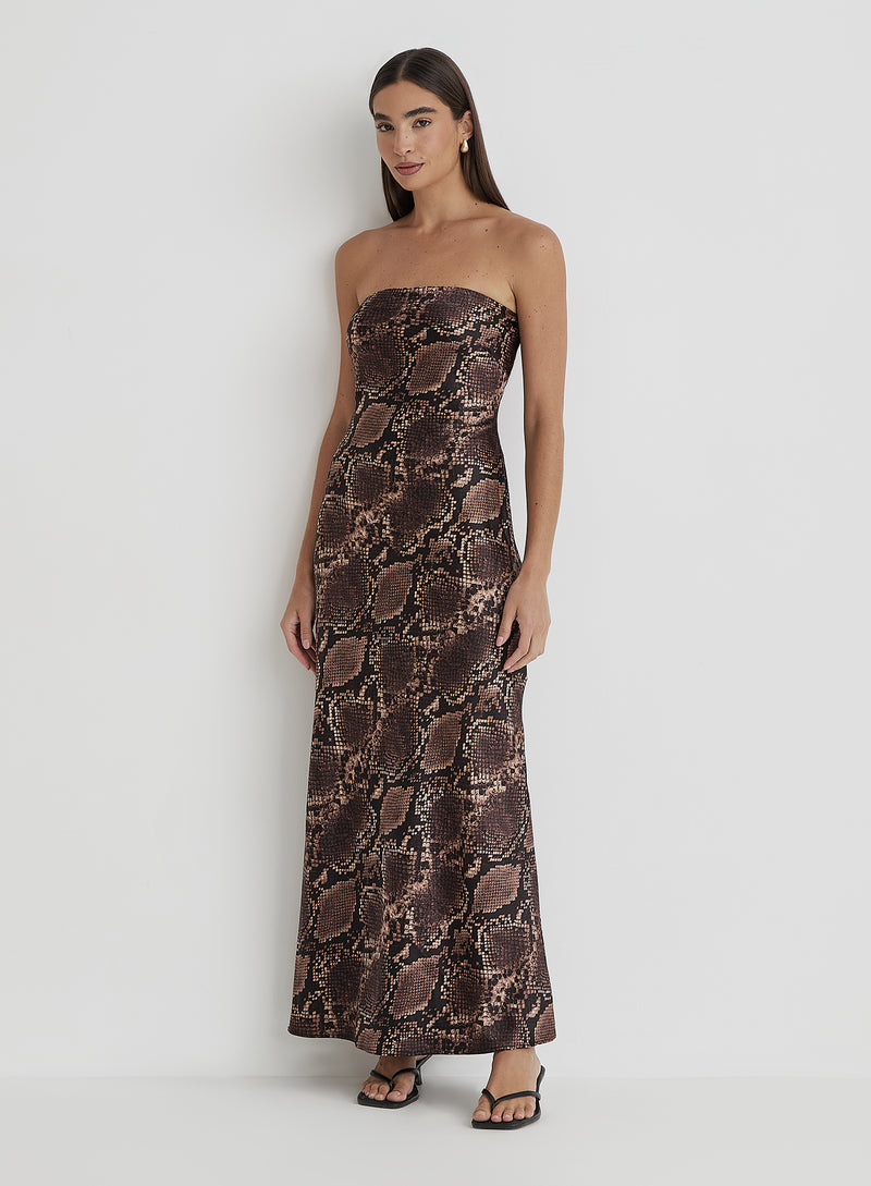 Snake Print Bandeau Satin Maxi Dress- Shona