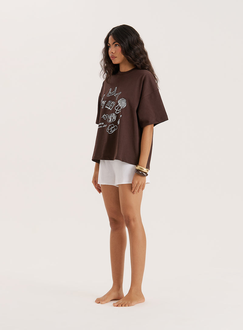 Brown Illustration Print Oversized T-Shirt- Benni
