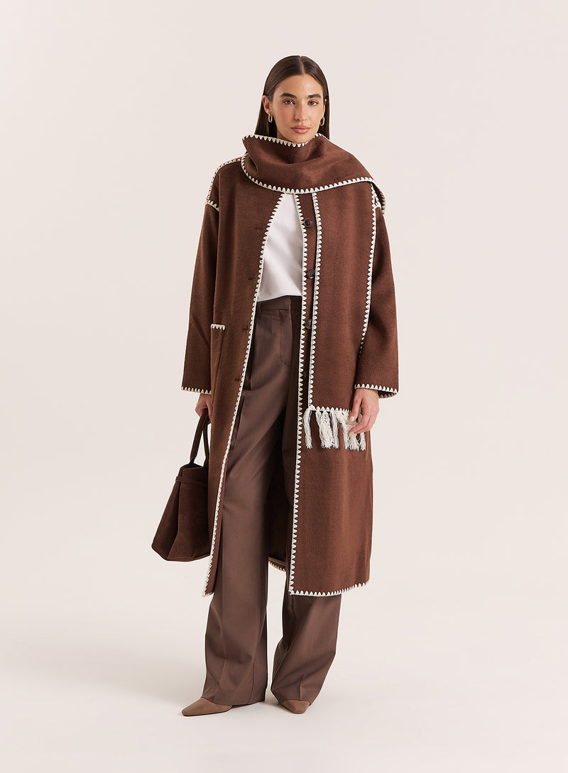Chocolate Contrast Stitch Longline Scarf Coat- Fable