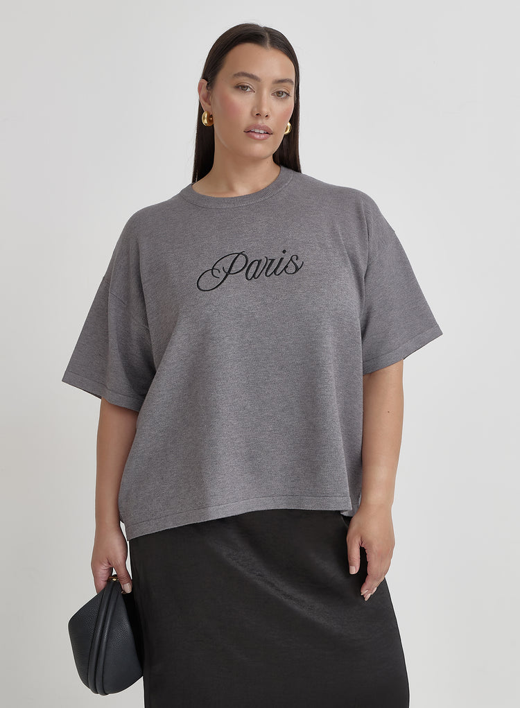 Grey Curve Paris Slogan T-Shirt- Abeba