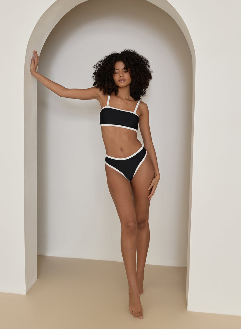 Black Contrast Trim High Leg Bikini Bottom- Cabo