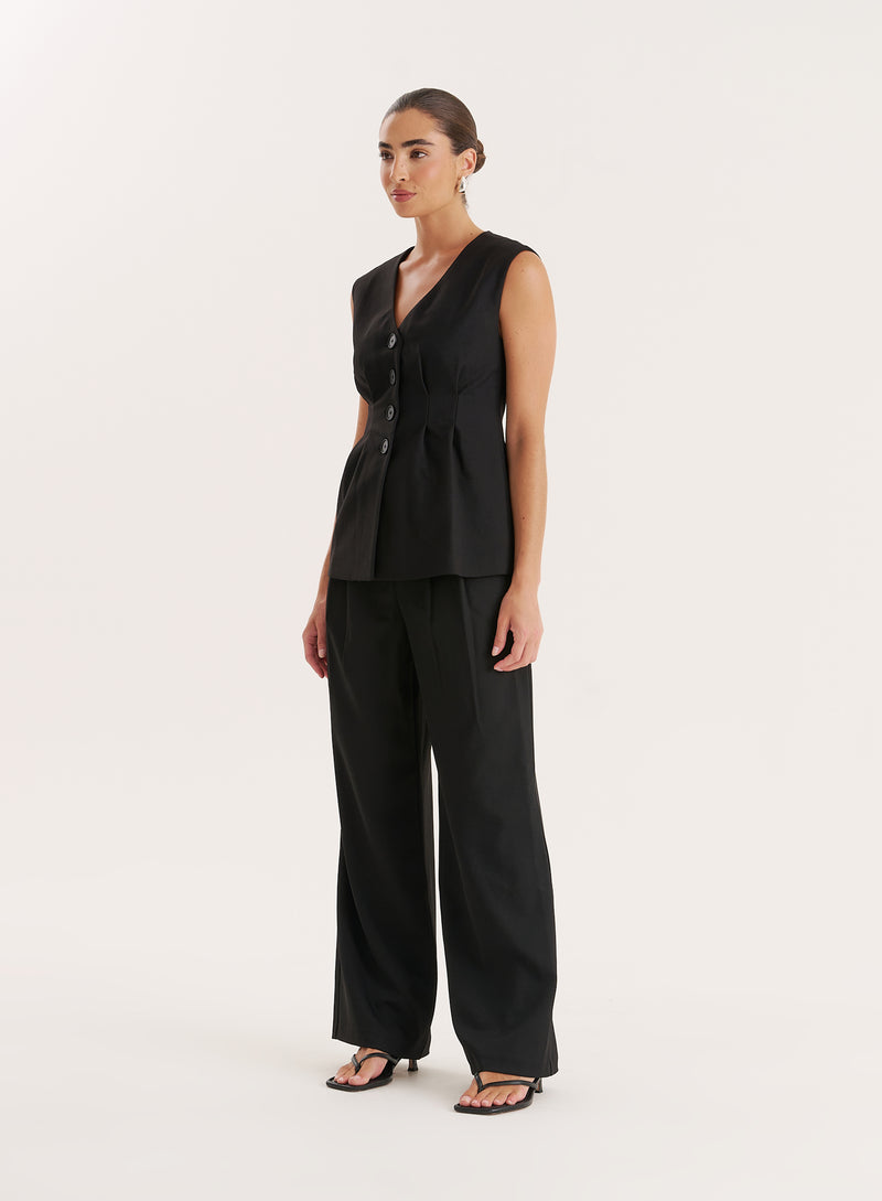 Black Cinched Waist Tailored Waistcoat