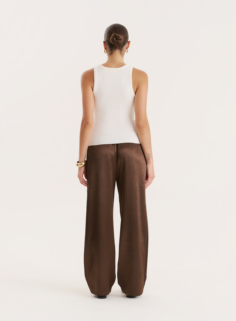 Chocolate Satin Elasticated Waist Wide Leg Trouser- Shelby