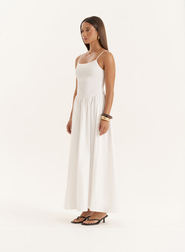 White Shirred Cotton Maxi Dress- Milano