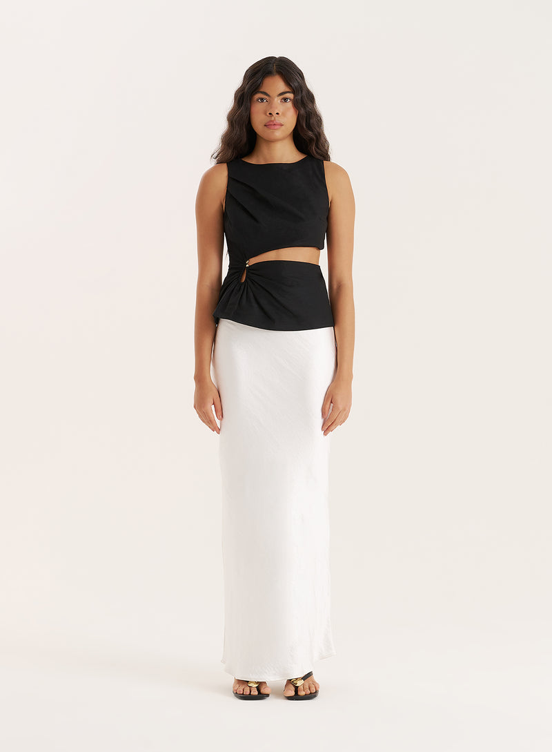 Black Linen Blend Cut Out Hardware Detail Top- Milly