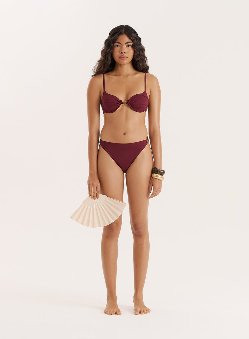 Burgundy Gold Buckle High Leg Bikini Bottom- Mahli