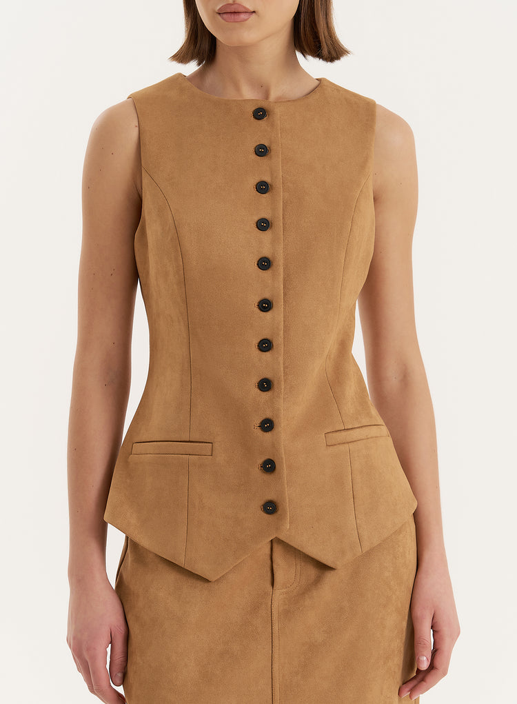 Tan Faux Suede Tailored Waistcoat- Briella