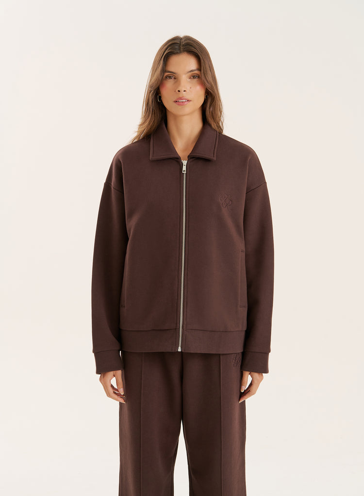 Chocolate Logo Detail Zip Bomber Jacket- Valerie