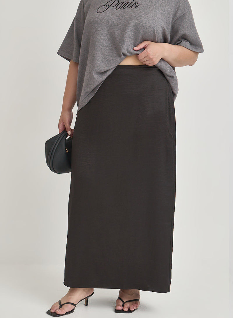 Black Curve Satin Back Split Maxi Skirt- Alis