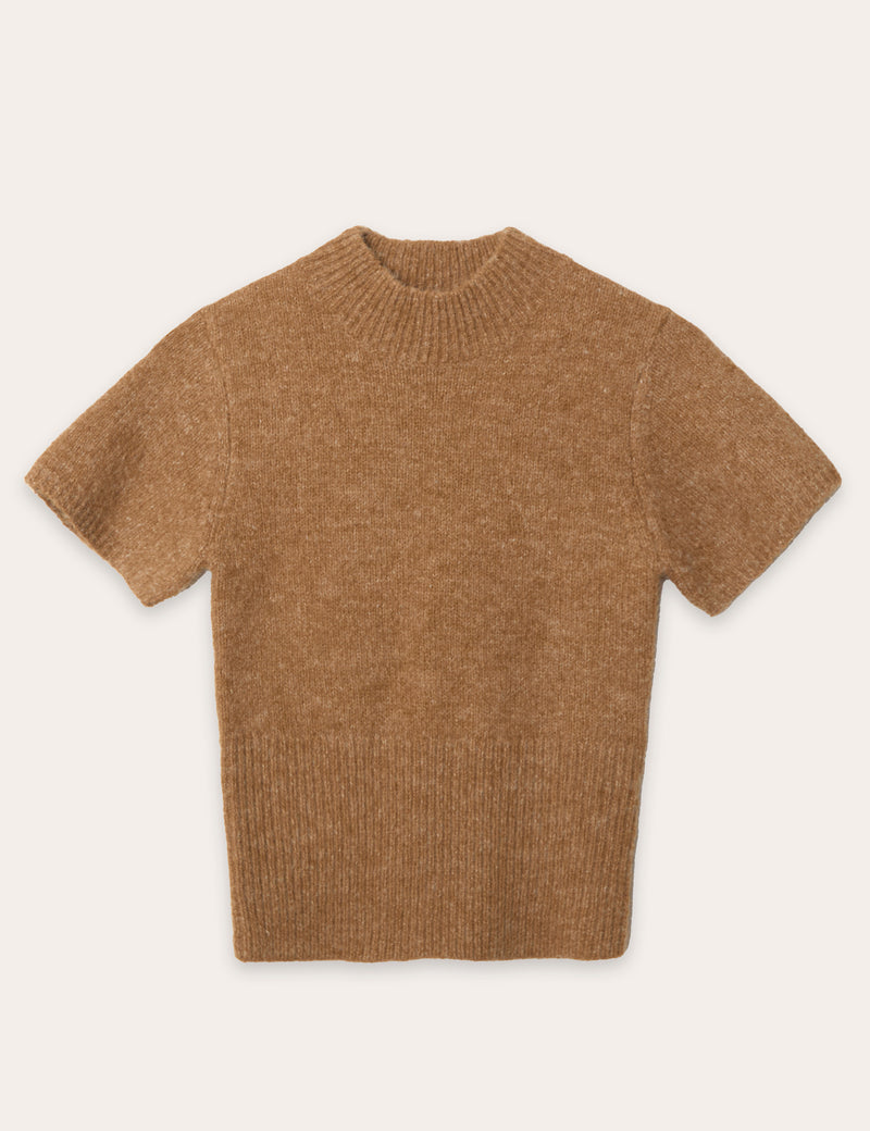 Camel Knitted Ribbed Waist Band Crop Top- Phyllis