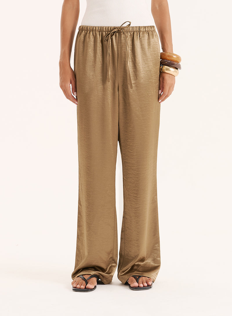 Mocha Satin Tie Waist Wide Leg Trouser- Shelby