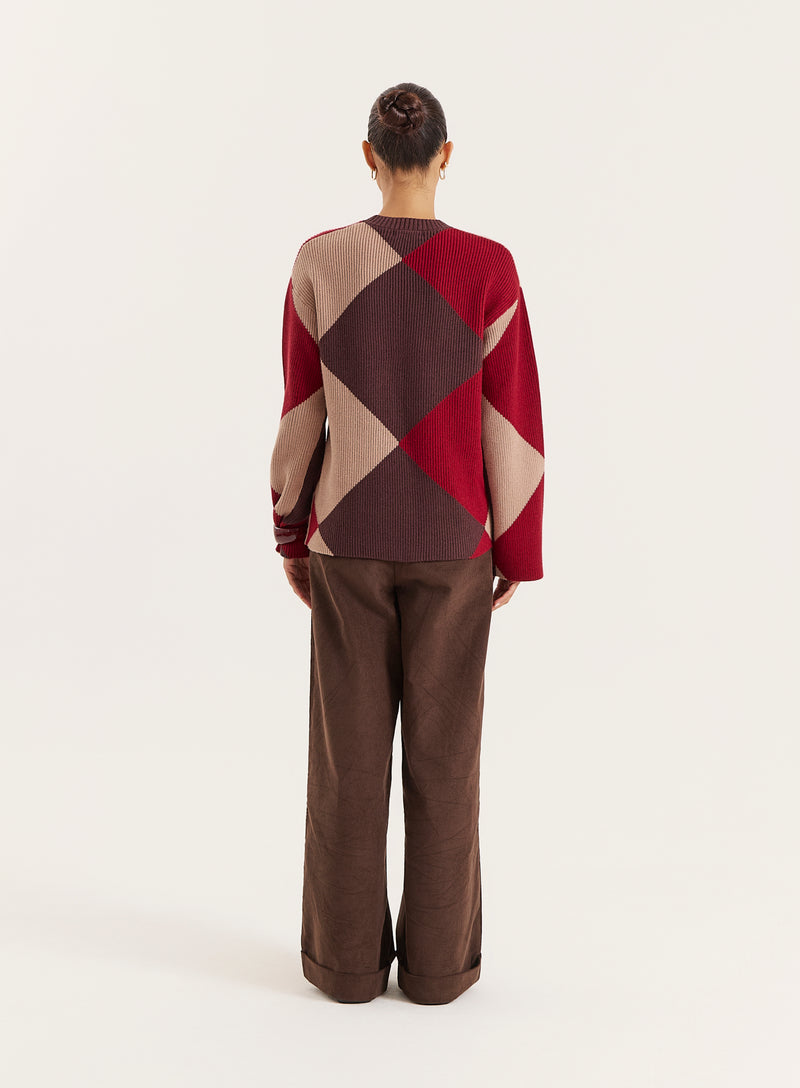 Multi Diamond Knitted Jumper With Scarf- Sara